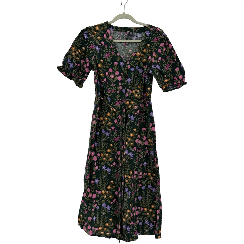 Princess Highway Floral Linen Cotton Midi Dress Green Pink PGFQ166 US 8 AU 12